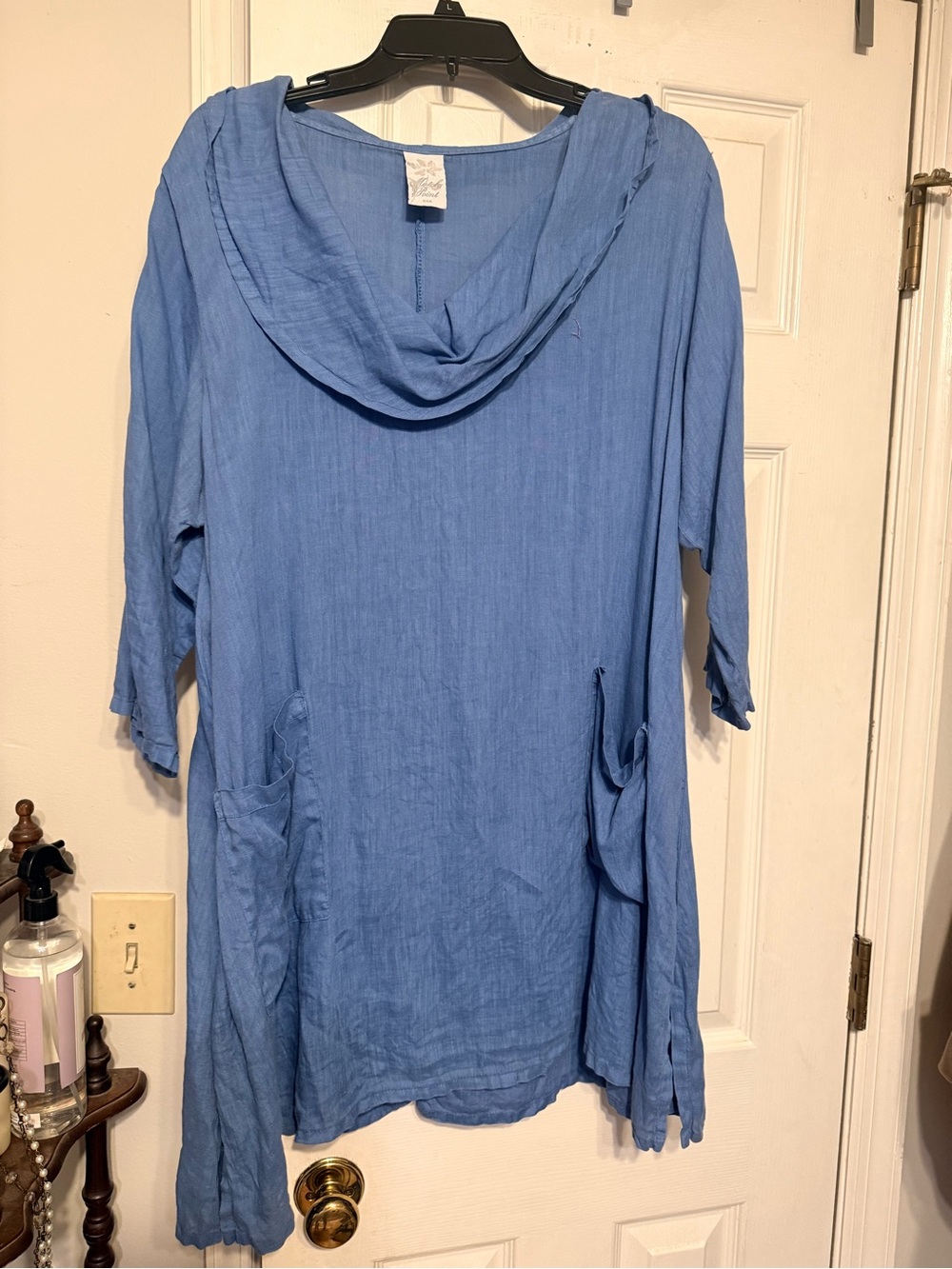 Casual Light Blue Hooded Linen-Blend Women's Tunic with Pockets